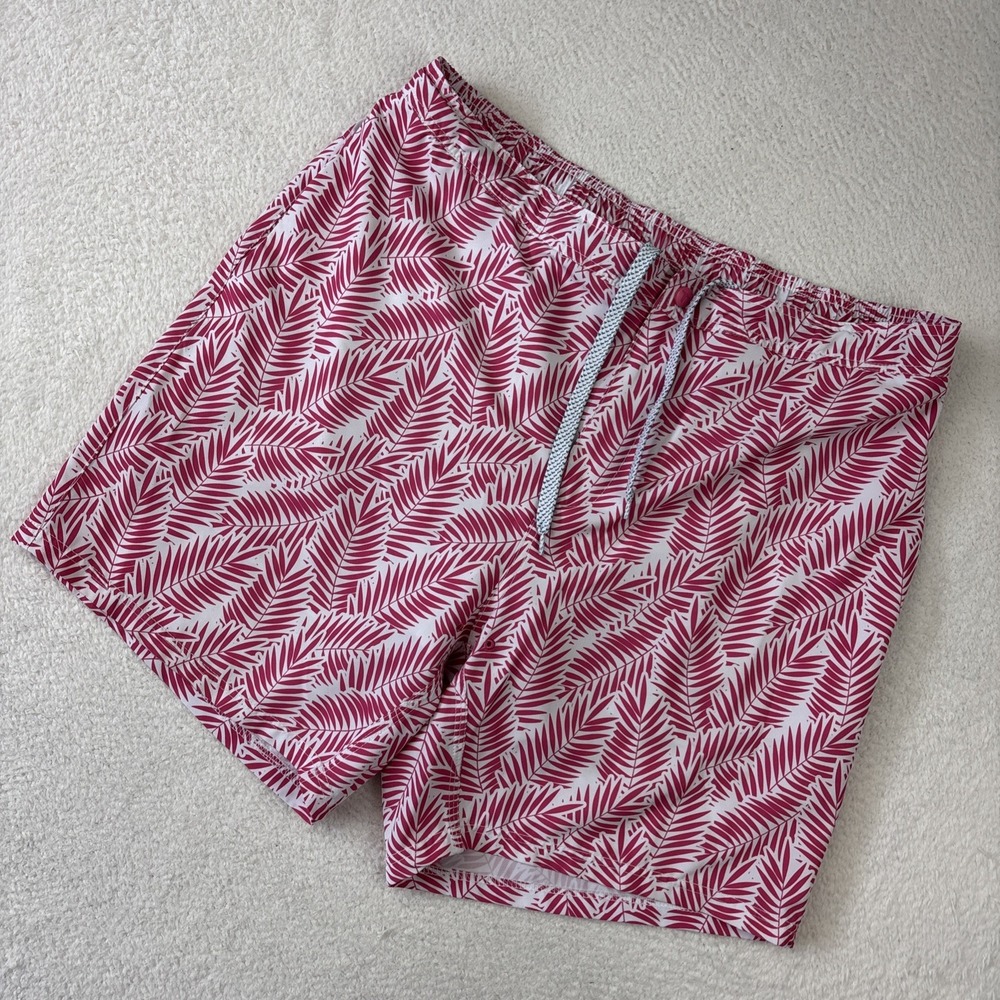 GENTEAL Mens Swim Shorts XL Pink Pattern Lined 7" Performance Snap Button Trunks